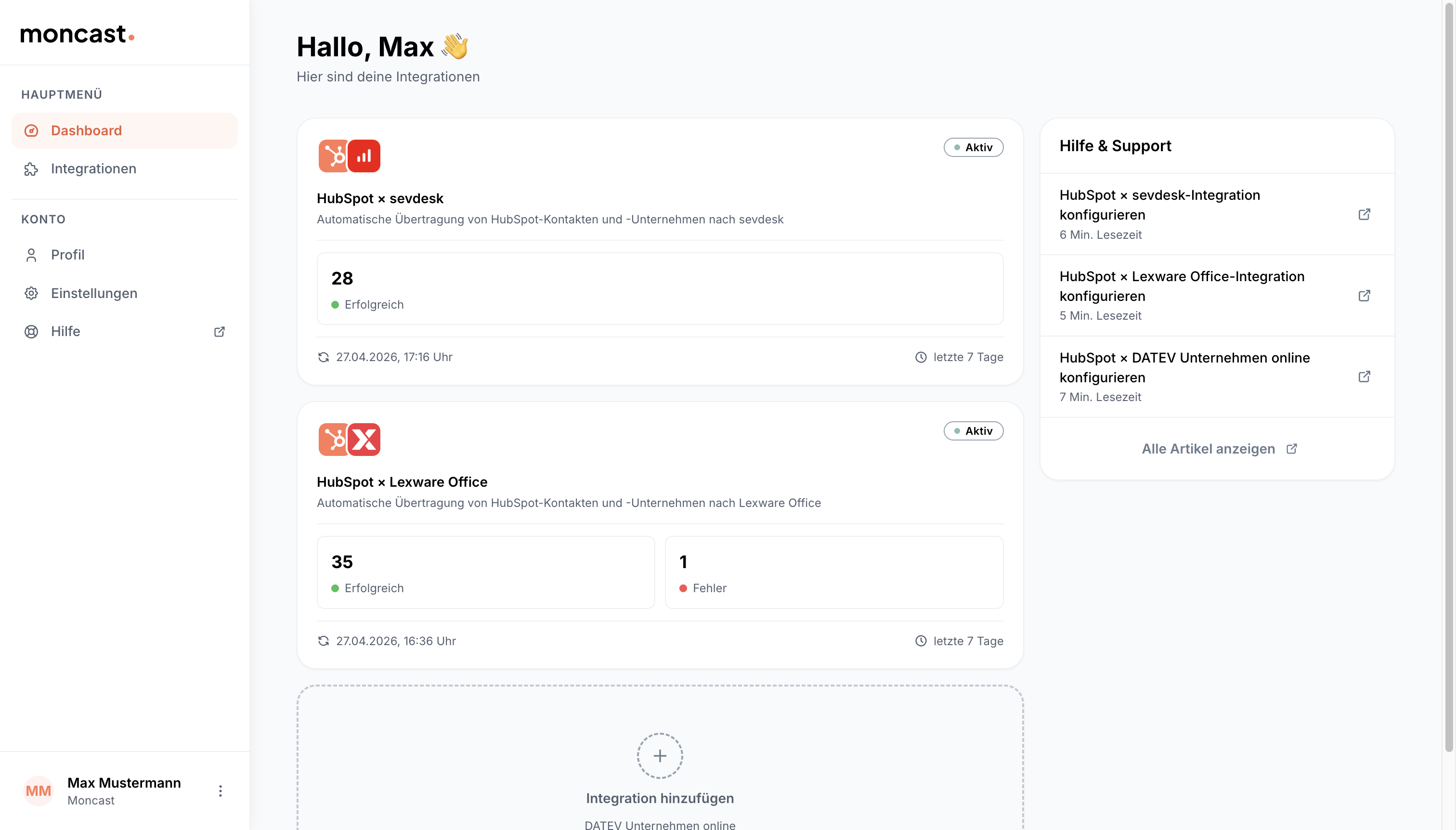 Moncast Dashboard mit Kennzahlen und Status