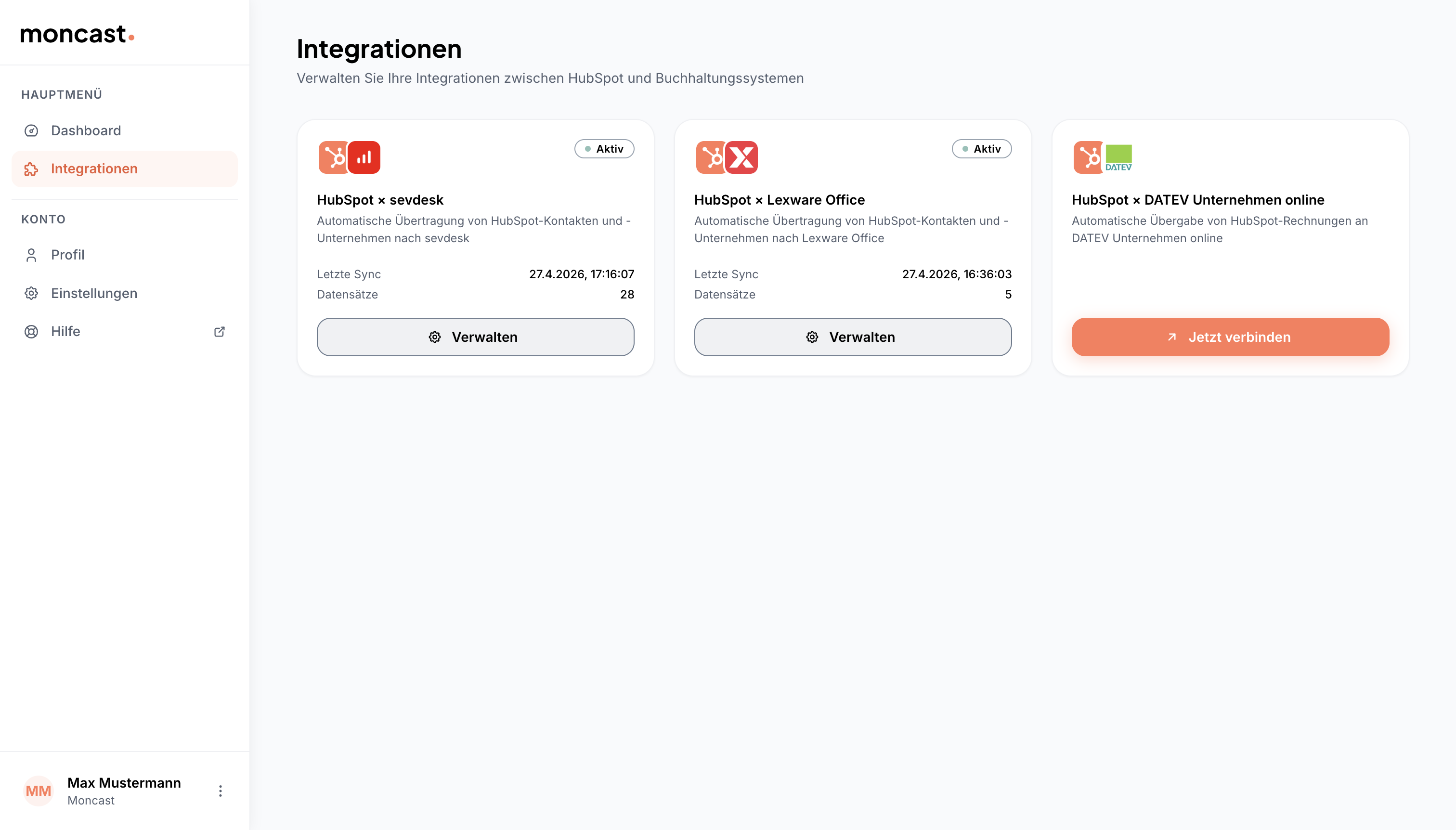 Übersicht aller Integrationen mit Status